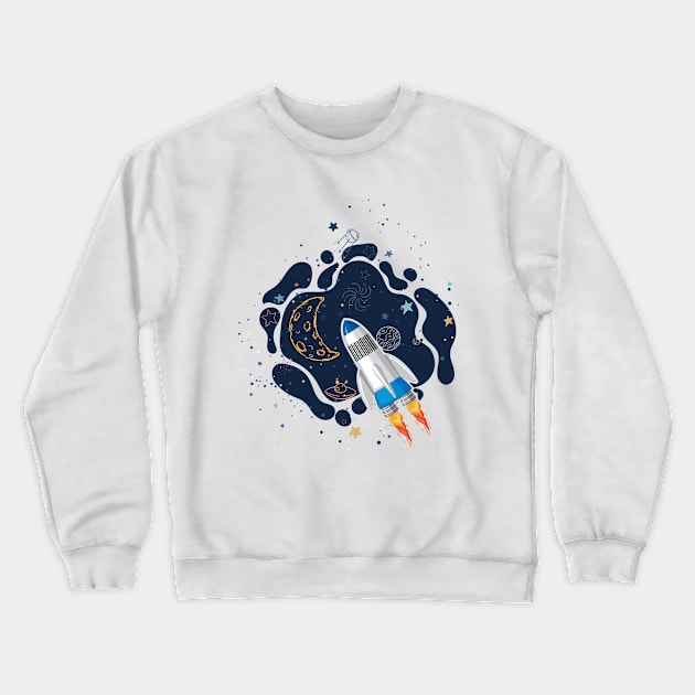 Retro Vintage Space with Rocket, Space Travel, Spacetime, Floating in space, space night, space art Crewneck Sweatshirt by ShirtyArt